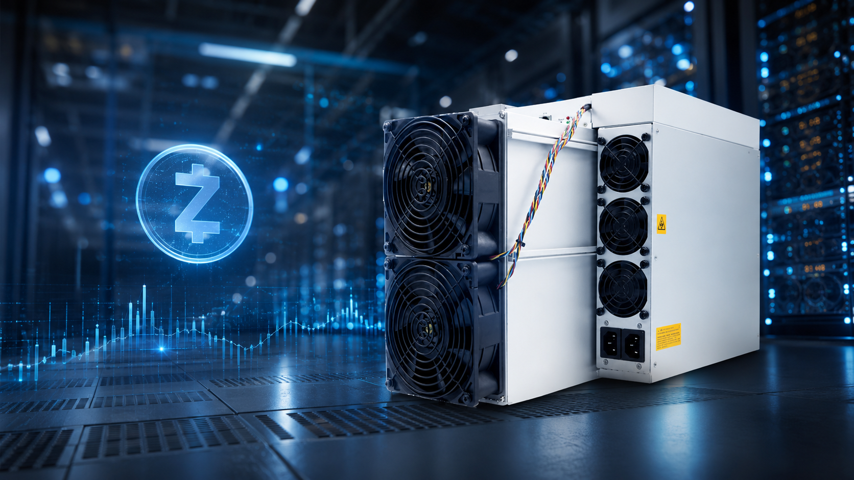 ASIC miner na ťažbu Zcash ASIC miner na ťažbu Zcash v dátovom centre s vizualizáciou kryptomenového grafu
