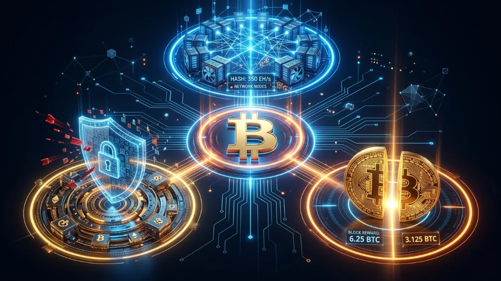 Hashrate Difficulty a Halving pri ťažbe Bitcoinu Zdroj: gemini.google.com Vizualizácia fungovania ťažby Bitcoinu znázorňujúca hashrate, difficulty a halving v blockchainovej sieti