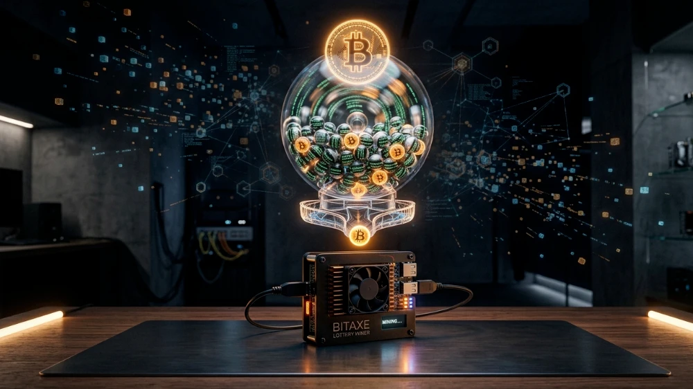 Moderné domáce Bitcoin lottery minery Bitaxe a NerdQaxe na pracovnom stole symbolizujúce decentralizovanú sólo ťažbu Bitcoinu.