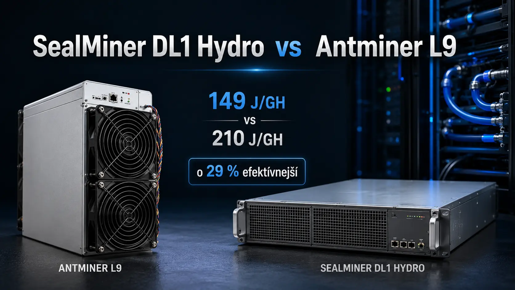 SealMiner DL1 Hydro vs Antminer L9 SealMiner DL1 Hydro a Antminer L9 porovnanie efektivity 149 J/GH vs 210 J/GH