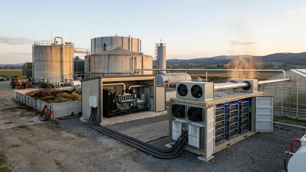 Ťažba kryptomien pomocou bioplynu – Bitcoin mining z obnoviteľnej energie Zdroj: Google Nano Banana 2 Bitcoin mining kontajner pri bioplynovej stanici využívajúci elektrinu vyrobenú z bioplynu na ťažbu kryptomien